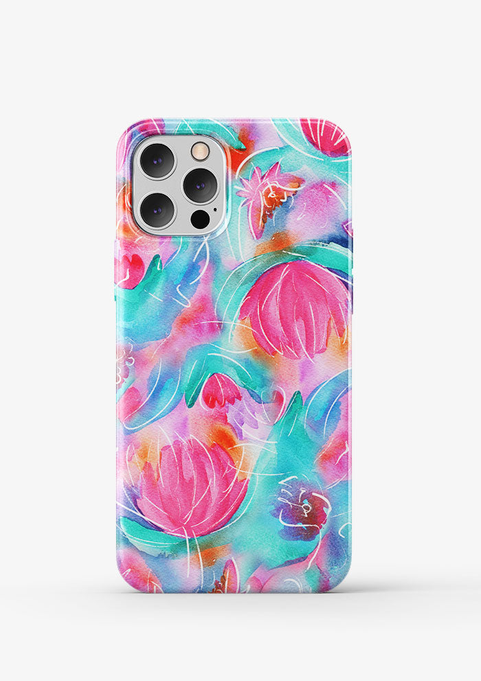 Phone Case featuring Lily Lover pattern, bold, painterly water lilies in pink, teal, lilac, and yellow with soft white detailing, creating a striking design