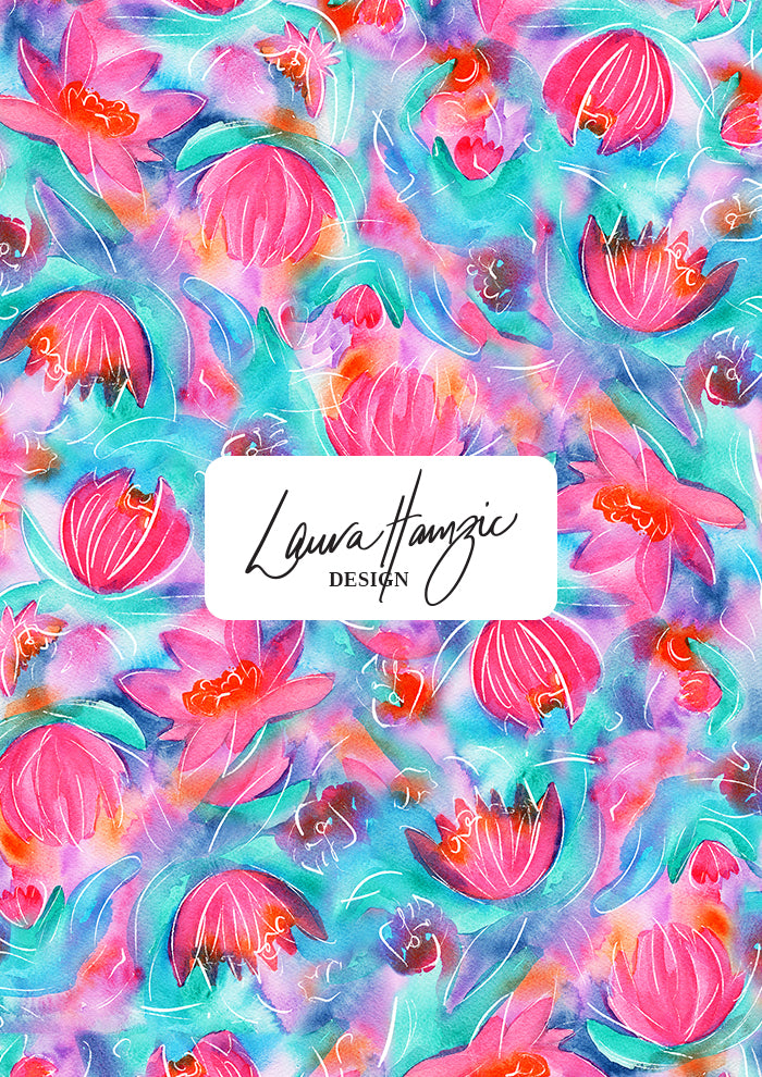 Medium-scale Lily Lover pattern, expressive water lilies in a rich colour palette of pink, teal, lilac, and yellow, floating on a light background