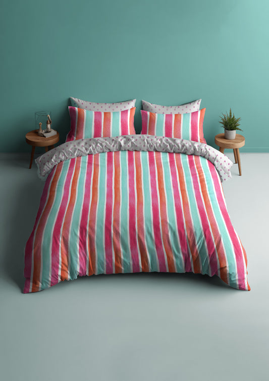 Bedding featuring Lovers Stripe pattern, wide, bold watercolour stripes with playful summer colours, bringing a burst of energy and joy to any design.