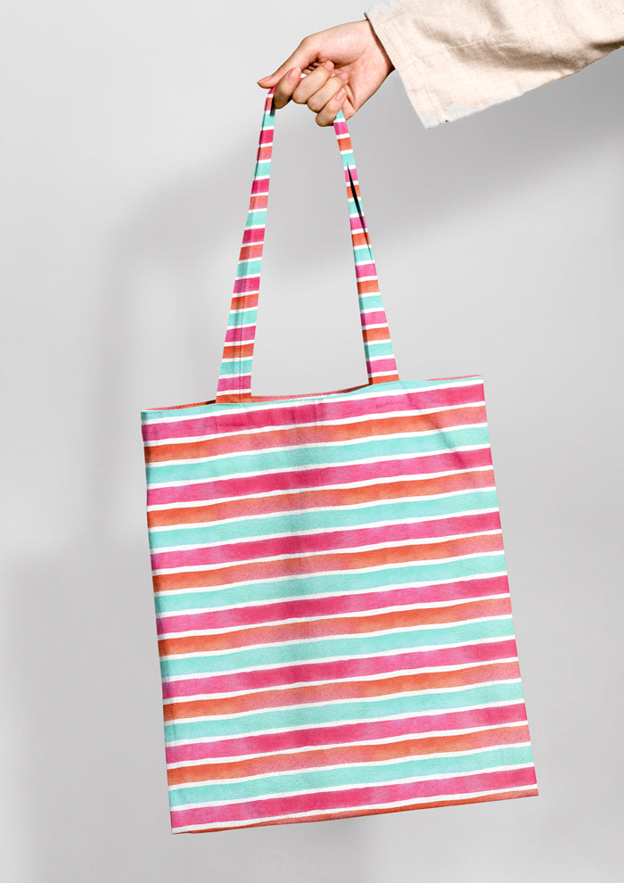 Tote bag featuring Lovers Stripe pattern, wide, bold watercolour stripes with playful summer colours, bringing a burst of energy and joy to any design.