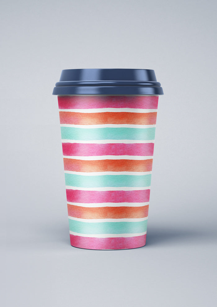 Coffee cup featuring Lovers Stripe pattern, wide, bold watercolour stripes with playful summer colours, bringing a burst of energy and joy to any design.
