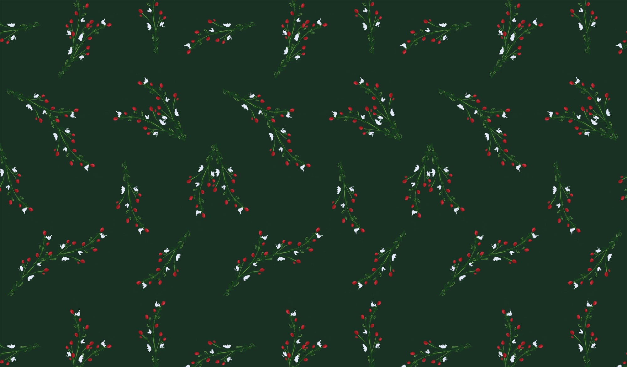 Mock Orange Berries Surface Pattern Design by Laura Hamzic - deep green with falling sprigs with delicate white blossoms and red berries