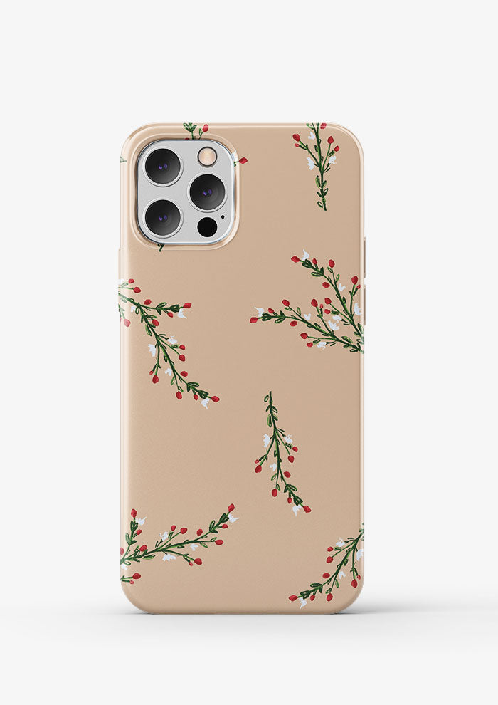 Phone case mockup with the Mock Orange Berries (Beige) pattern by Laura Hamzic, Australian surface pattern designer
