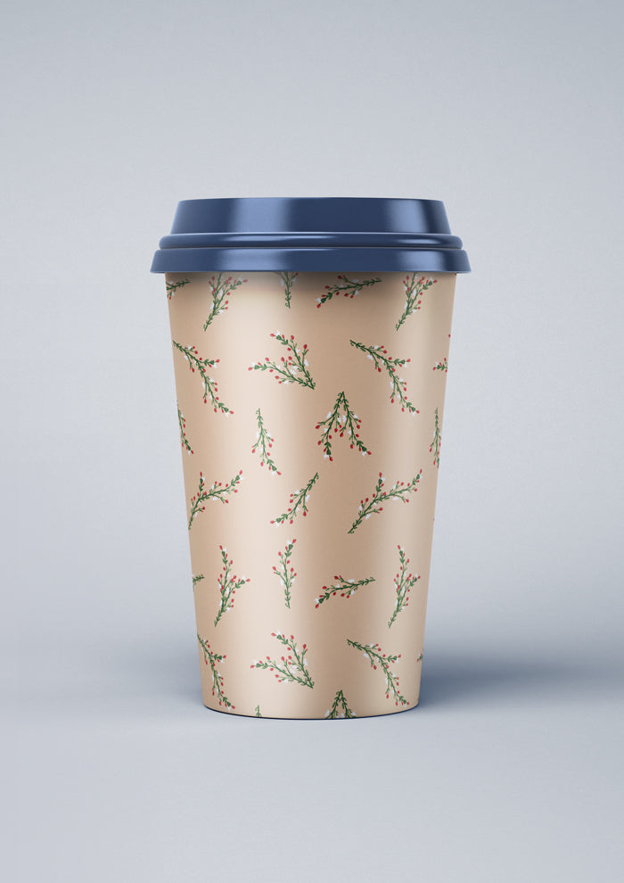 Coffee cup mockup featuring the Mock Orange Berries (Beige) pattern by Laura Hamzic, Australian surface pattern designer