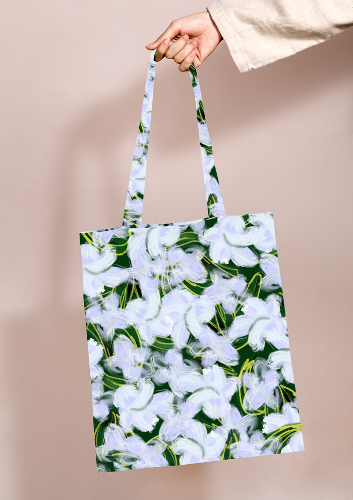 Tote bag mockup with the Mock Orange Bloom pattern by Laura Hamzic, Australian surface pattern designer