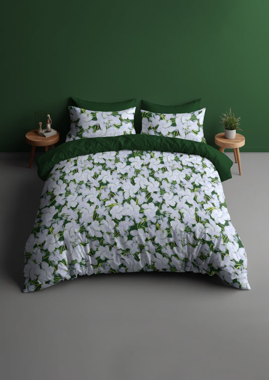 Bed mockup featuring the Mock Orange Bloom pattern by Laura Hamzic, Australian surface pattern designer