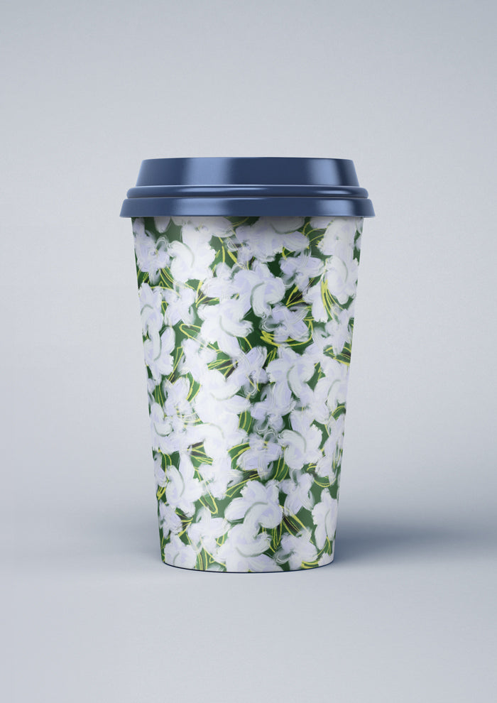 Coffee cup mockup featuring the Mock Orange Bloom pattern by Laura Hamzic, Australian surface pattern designer