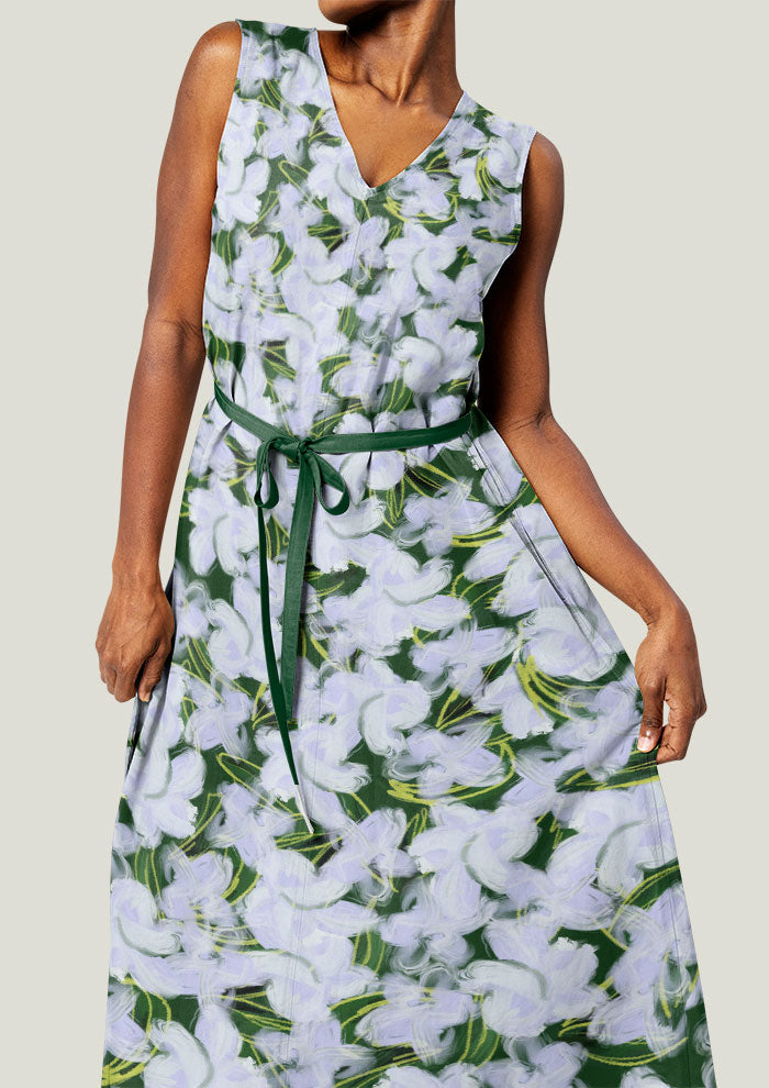 Dress mockup showcasing the Mock Orange Bloom pattern by Laura Hamzic, Australian surface pattern designer