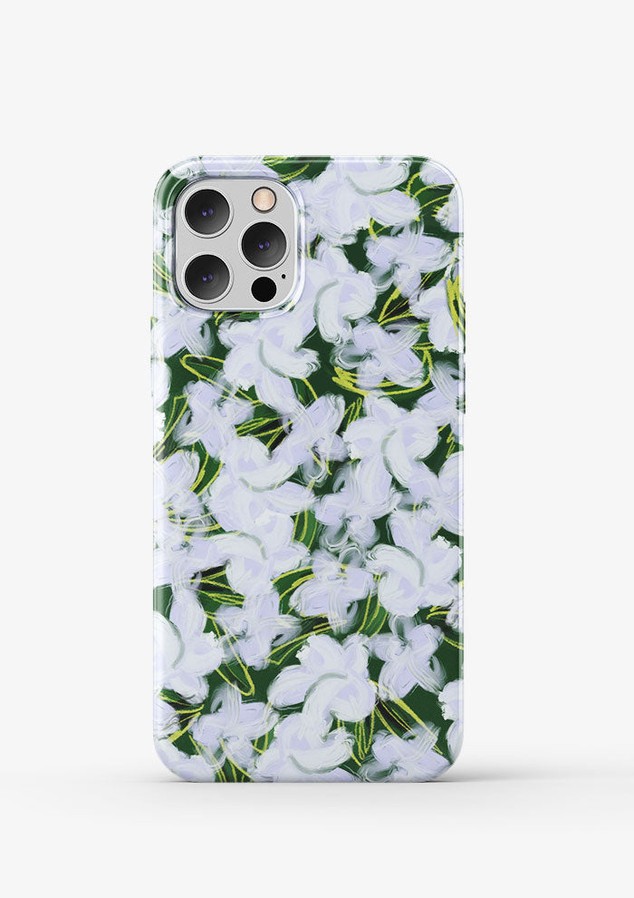 Phone case mockup showcasing the Mock Orange Bloom pattern by Laura Hamzic, Australian surface pattern designer