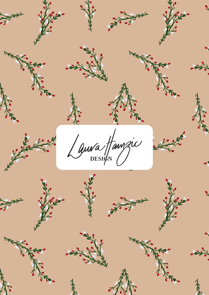 Medium-scale botanical layout of the Mock Orange Berries pattern by Laura Hamzic, Australian surface pattern designer on beige