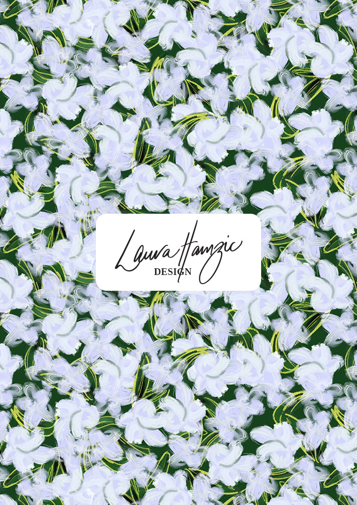 Medium-scale Mock Orange Bloom pattern by Laura Hamzic, Australian surface pattern designer in balanced floral design