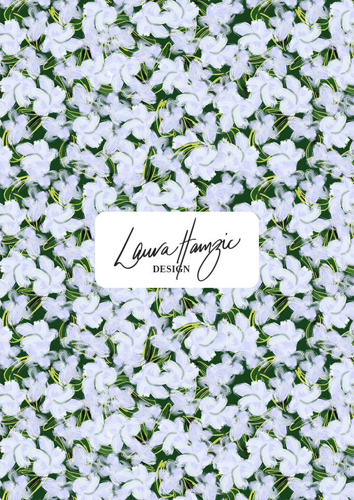 Small-scale Mock Orange Bloom floral pattern by Laura Hamzic, Australian surface pattern designer