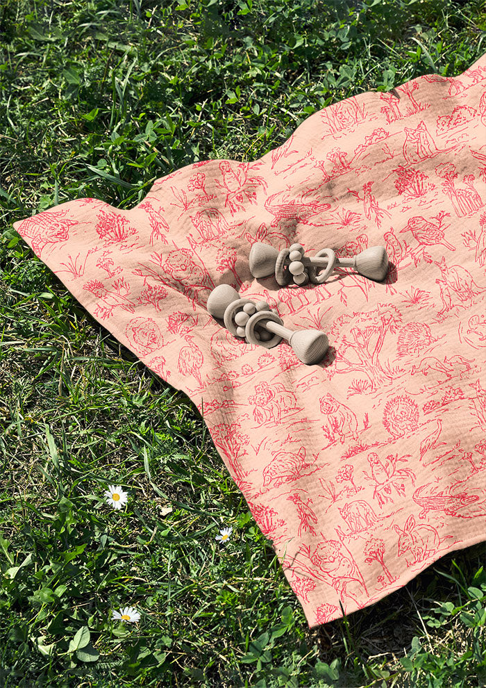 Baby Swaddle with Australian animal surface pattern – fine liner ink drawings of wombats, kangaroos, emus, and bush creatures. Playful Australiana outdoor textile design.
