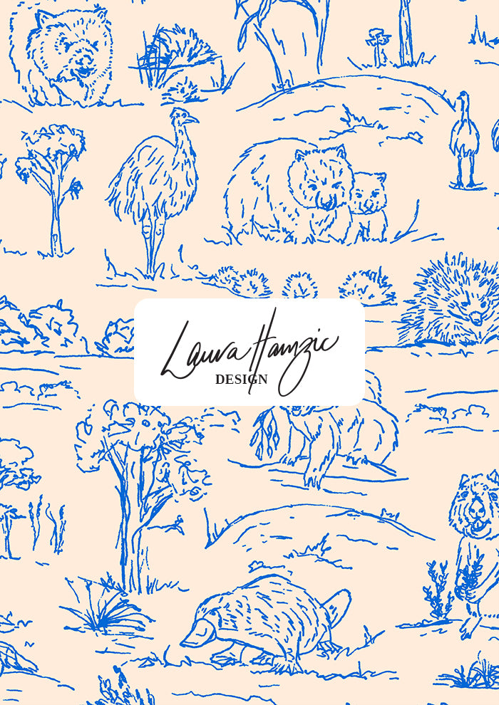 Australian animal surface pattern – finely sketched in ink with wombats, kangaroos, emus, and bush creatures. Storybook-style Australiana design full of charm and character, perfect for wallpaper, kids’ clothing, pyjamas, and statement prints.