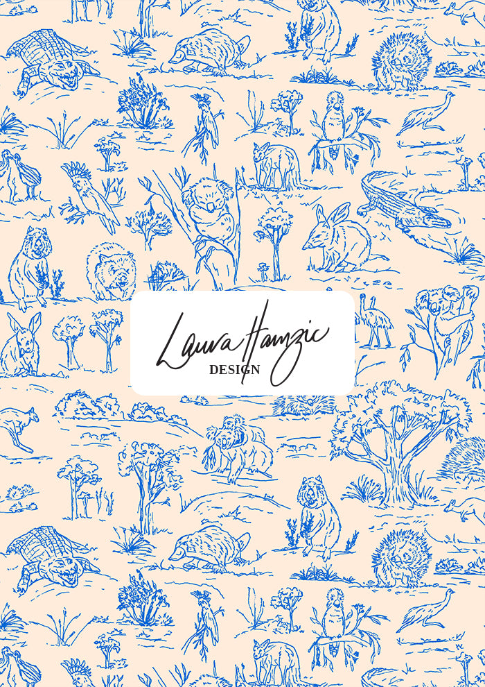 Australian animal surface pattern – finely sketched in ink with wombats, kangaroos, emus, and bush creatures. Storybook-style Australiana design full of charm and character, perfect for wallpaper, kids’ clothing, pyjamas, and statement prints.
