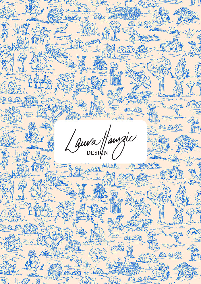 Australian animal surface pattern – finely sketched in ink with wombats, kangaroos, emus, and bush creatures. Storybook-style Australiana design full of charm and character, perfect for wallpaper, kids’ clothing, pyjamas, and statement prints.