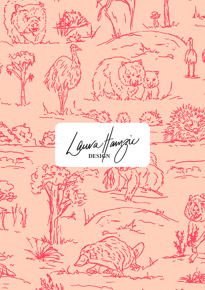 Australian animal surface pattern – finely sketched in ink with wombats, kangaroos, emus, and bush creatures. Storybook-style Australiana design full of charm and character, perfect for wallpaper, kids’ clothing, pyjamas, and statement prints.