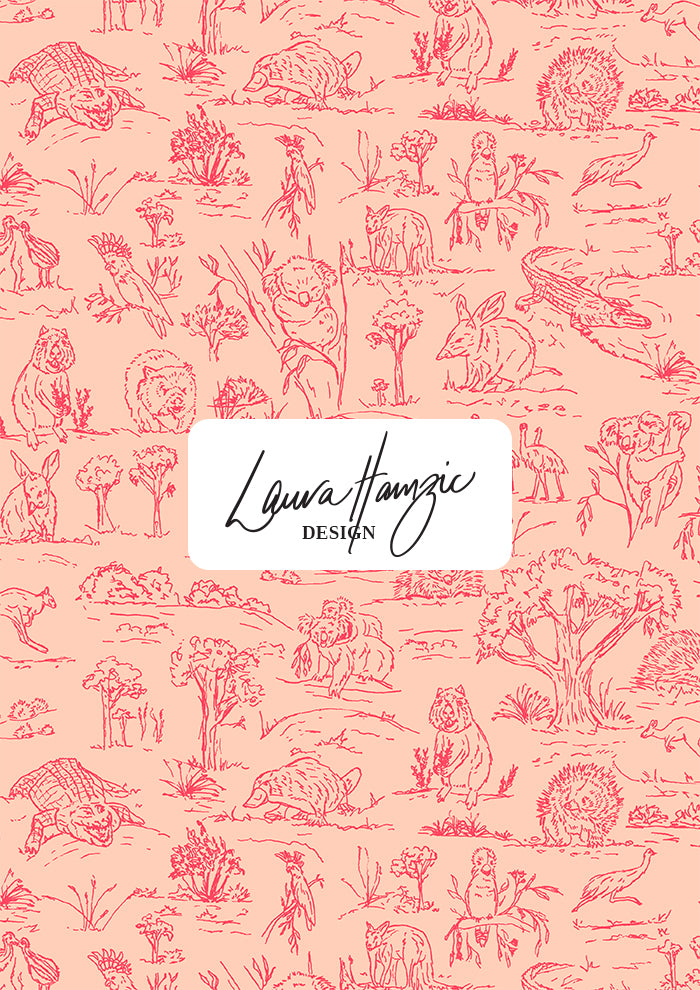 Australian animal surface pattern – finely sketched in ink with wombats, kangaroos, emus, and bush creatures. Storybook-style Australiana design full of charm and character, perfect for wallpaper, kids’ clothing, pyjamas, and statement prints.