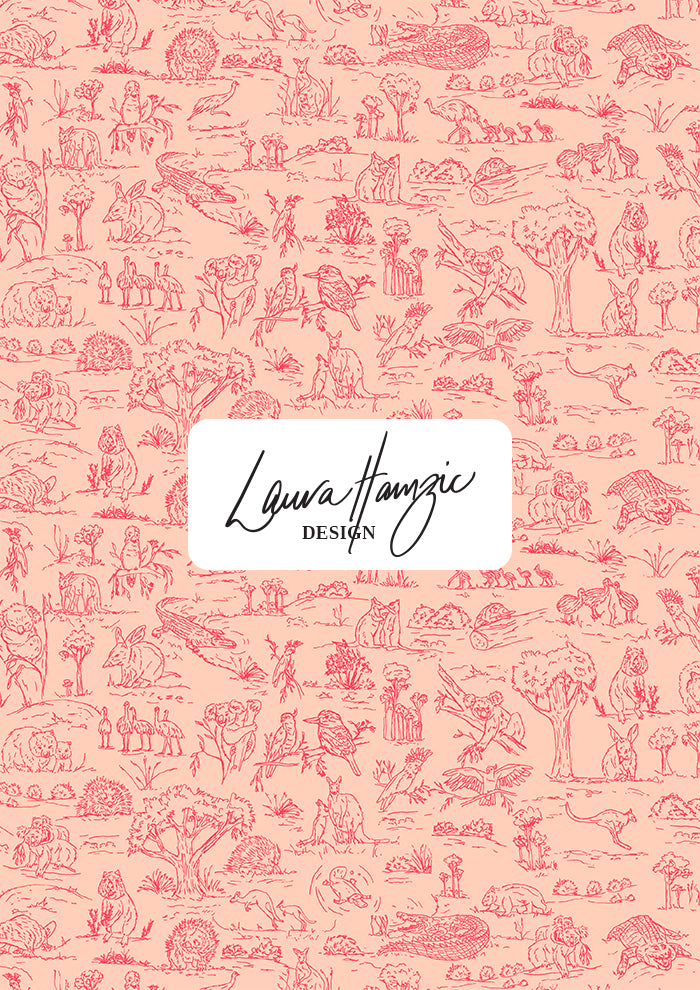 Australian animal surface pattern – finely sketched in ink with wombats, kangaroos, emus, and bush creatures. Storybook-style Australiana design full of charm and character, perfect for wallpaper, kids’ clothing, pyjamas, and statement prints.