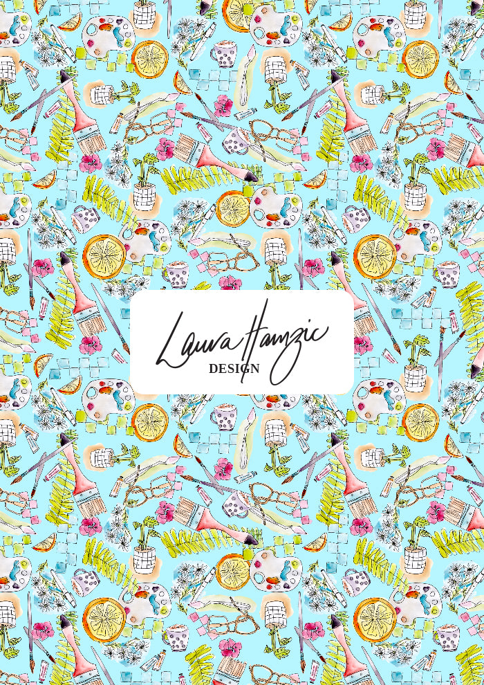 Painter’s Playground pattern small scale with scattered artist studio motifs in watercolour and linework