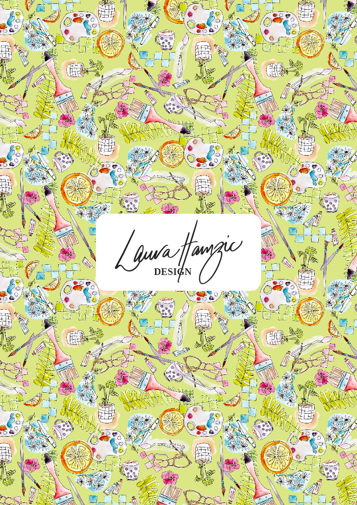 Painter’s Playground pattern small scale with scattered artist studio motifs in watercolour and linework