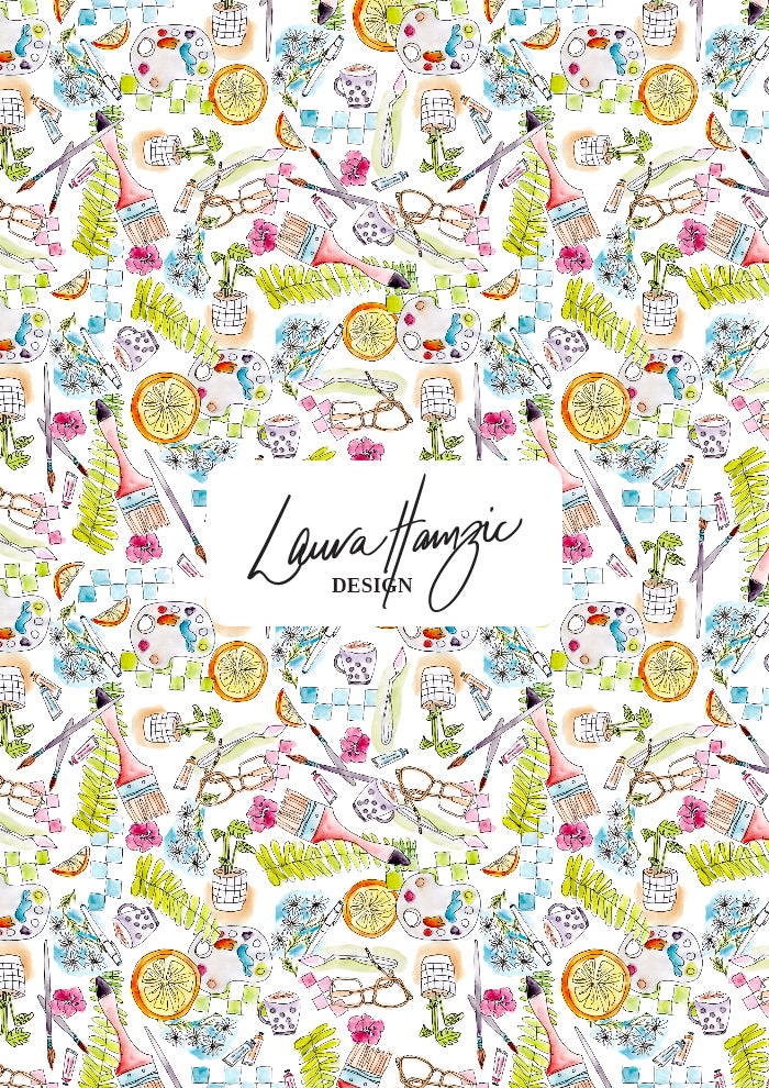 Painter’s Playground pattern small scale with scattered artist studio motifs in watercolour and linework