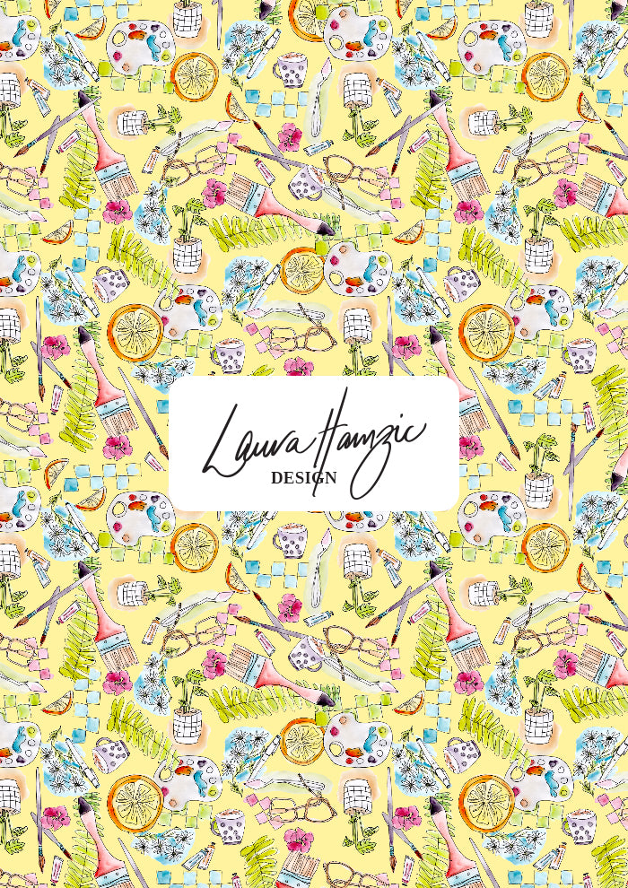 Painter’s Playground pattern small scale with scattered artist studio motifs in watercolour and linework