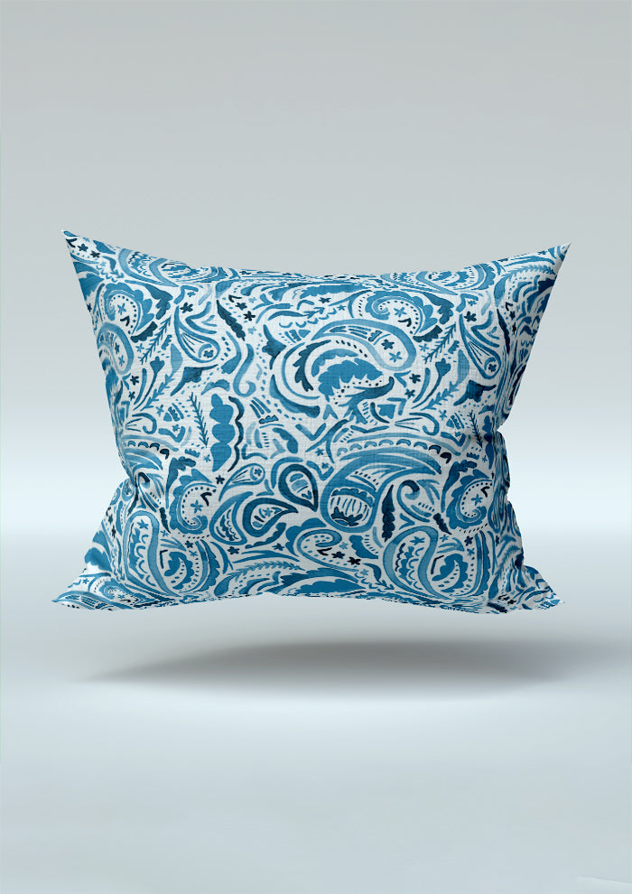 Denim Paisley Blues pattern on cushion mockup. Pattern design by Laura Hamzic, Australian Artist.