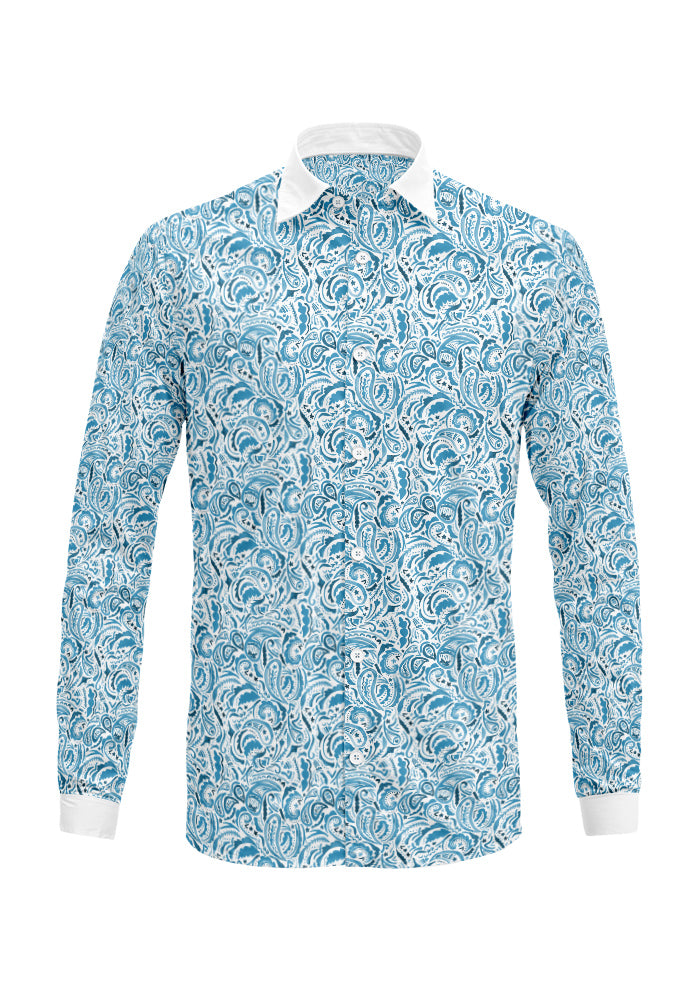 Denim Paisley Blues pattern on men's long-sleeve shirt mockup. Pattern design by Laura Hamzic, Australian Artist.