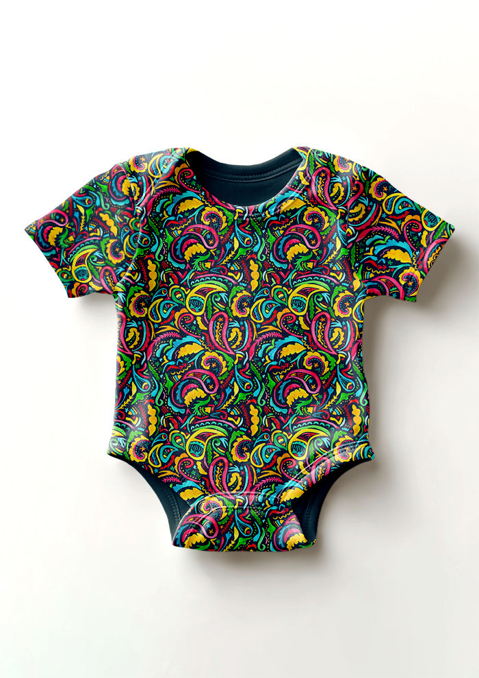 Rainbow Paisley Days pattern on navy, baby onesie mockup. Pattern design by Laura Hamzic, Australian Artist.
