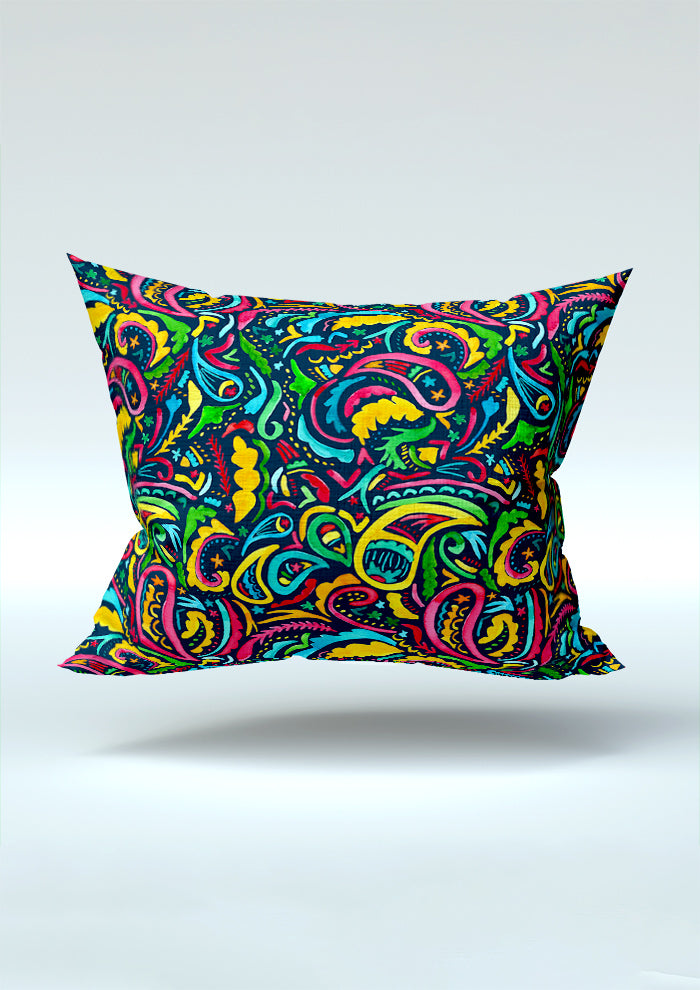Rainbow Paisley Days pattern on navy, cushion mockup. Pattern design by Laura Hamzic, Australian Artist.