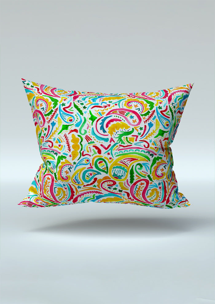 Rainbow Paisley Days pattern on white, cushion mockup. Pattern design by Laura Hamzic, Australian Artist.