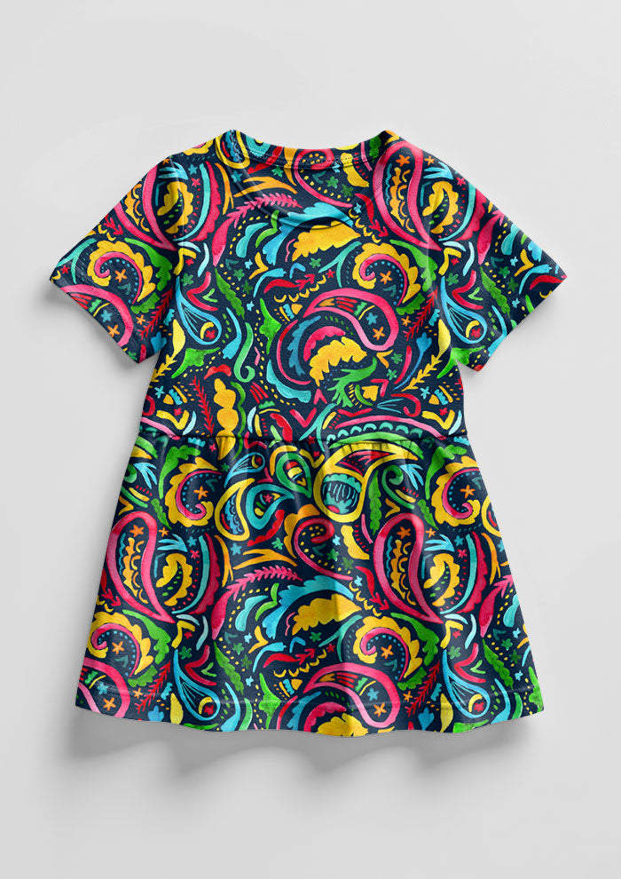 Rainbow Paisley Days pattern on navy, little girl's dress mockup. Pattern design by Laura Hamzic, Australian Artist.
