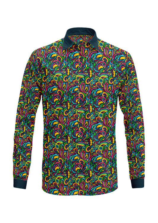 Rainbow Paisley Days pattern on navy, men's long-sleeve shirt mockup. Pattern design by Laura Hamzic, Australian Artist.