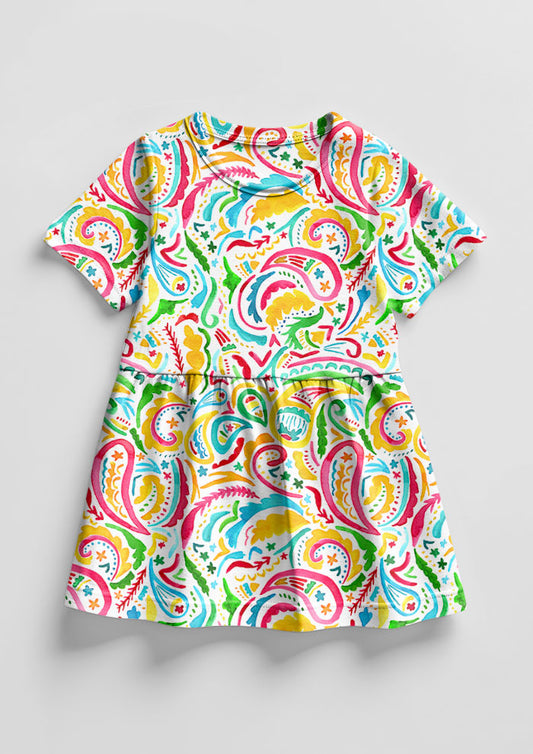 Rainbow Paisley Days pattern on white, little girl's dress mockup. Pattern design by Laura Hamzic, Australian Artist.
