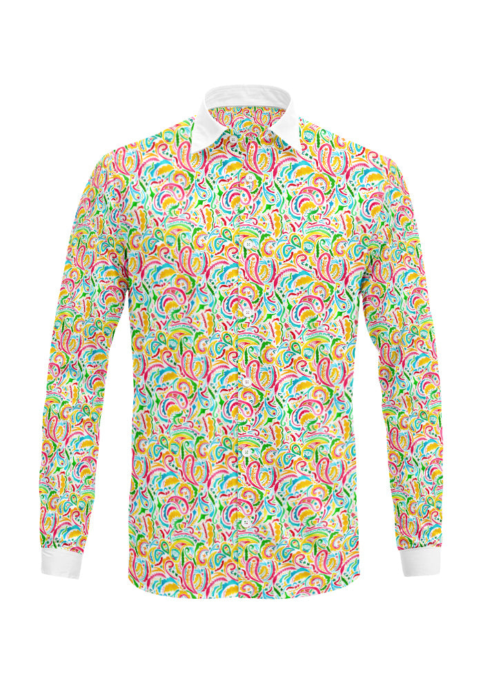 Rainbow Paisley Days pattern on white, men's long-sleeve shirt mockup. Pattern design by Laura Hamzic, Australian Artist.