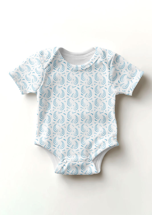 Pale blue Paisley Parade pattern on baby onesie mockup. Pattern design by Laura Hamzic, Australian Artist.