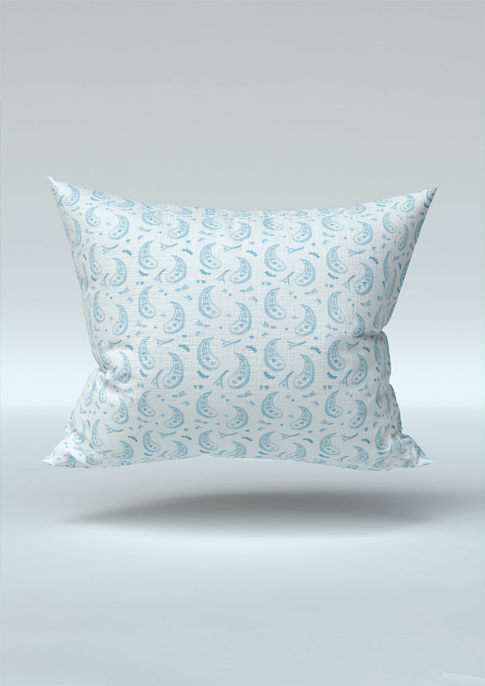 Pale blue Paisley Parade pattern on cushion mockup. Pattern design by Laura Hamzic, Australian Artist.
