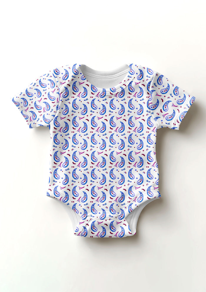 Pink and purple Paisley Parade pattern on baby onesie mockup. Pattern design by Laura Hamzic, Australian Artist.