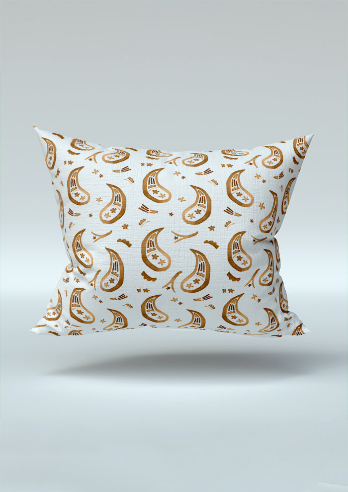 Tan Paisley Parade pattern on cushion mockup. Pattern design by Laura Hamzic, Australian Artist.