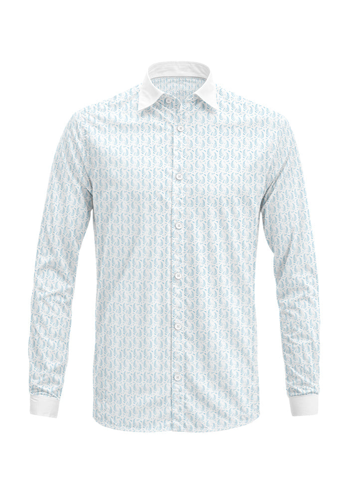 Pale blue Paisley Parade pattern on men's long-sleeve shirt mockup. Pattern design by Laura Hamzic, Australian Artist.