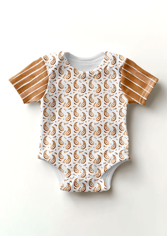 Tan Paisley Parade pattern on baby onesie mockup with Washed Stripe sleeves. Pattern design by Laura Hamzic, Australian Artist.