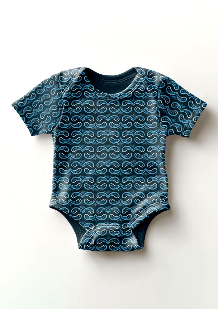 Denim Paisley Whirl pattern on navy, baby onesie mockup. Pattern design by Laura Hamzic, Australian Artist.