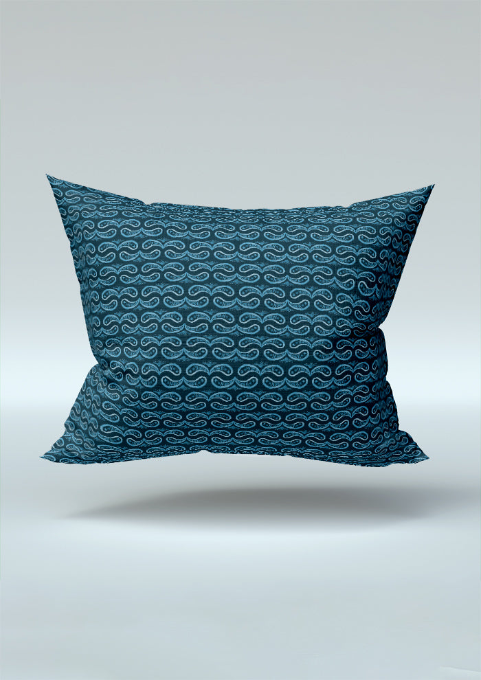 Denim Paisley Whirl pattern on navy, cushion mockup. Pattern design by Laura Hamzic, Australian Artist.