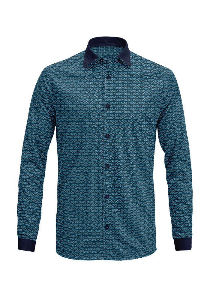 Denim Paisley Whirl pattern on navy, men's long-sleeve shirt mockup. Pattern design by Laura Hamzic, Australian Artist.