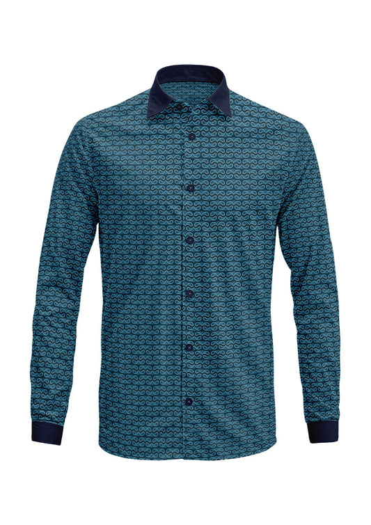 Denim Paisley Whirl pattern on navy, men's long-sleeve shirt mockup. Pattern design by Laura Hamzic, Australian Artist.