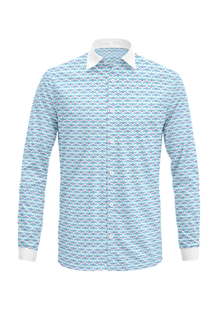 Pink and blue Paisley Whirl pattern on men's long-sleeve shirt mockup. Pattern design by Laura Hamzic, Australian Artist.
