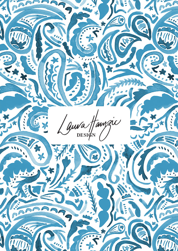 Denim Paisley Blues watercolour pattern, large scale, for textiles. Pattern design by Laura Hamzic, Australian Artist.