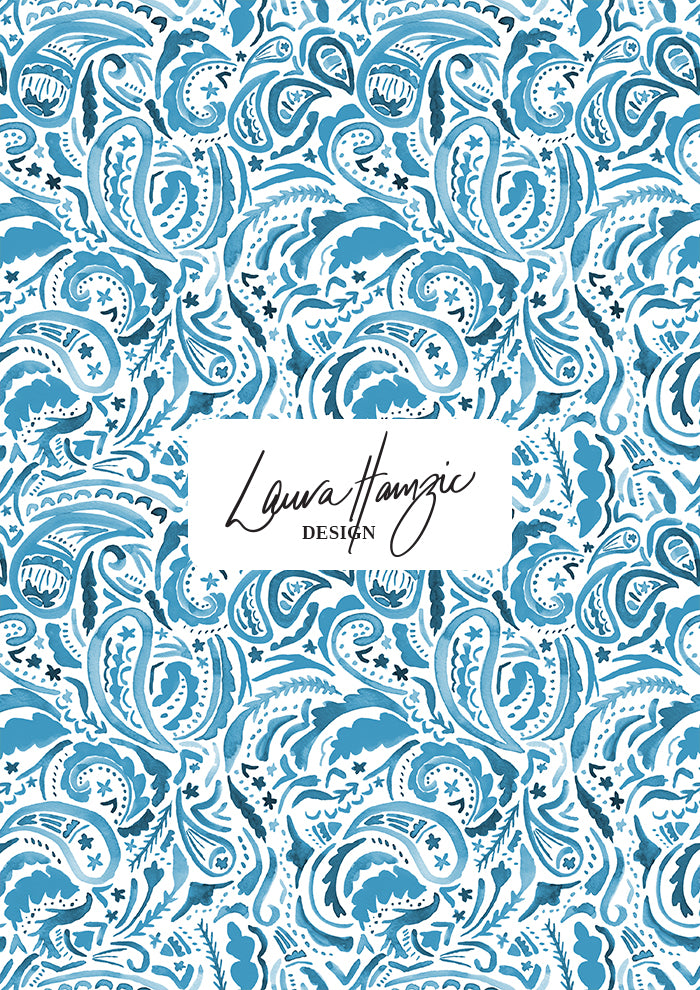 Denim Paisley Blues watercolour pattern, medium scale, for decor. Pattern design by Laura Hamzic, Australian Artist.
