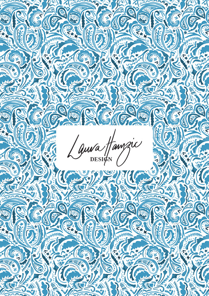Denim Paisley Blues watercolour pattern, small scale, for fabrics. Pattern design by Laura Hamzic, Australian Artist.